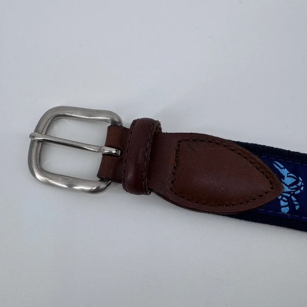 The Belted Cow Blue Crab Canvas Belt Men‎ 46 Navy Leather Trim Nautical Preppy